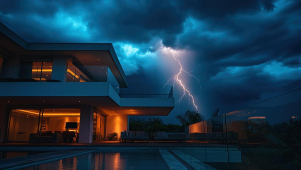 Casa de dois andares iluminada em dia de tempestade com trovoadas.