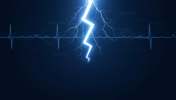 A lightning bolt strikes from the center, symbolizing a power surge, with faint data lines around it to show energy flow.
