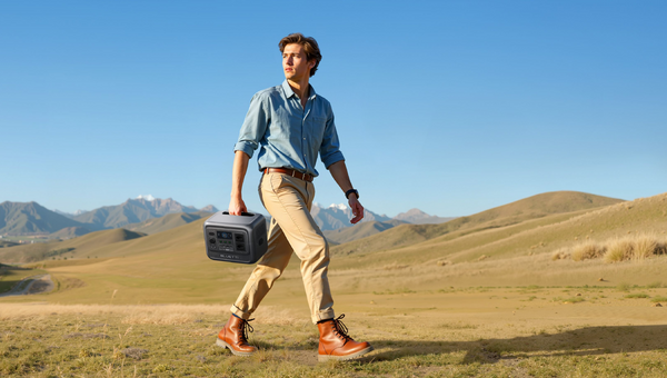 Um homem caminha por uma paisagem aberta e montanhosa, sob um céu azul e limpo. Ele veste uma camisa azul de mangas dobradas, calça bege e botas marrons, transmitindo um estilo casual e aventureiro.