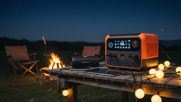 Cena de acampamento noturno, com um carregador portátil colocado sobre uma mesa de madeira para fornecer eletricidade a alto-falantes, celulares e luzes decorativas. O cenário apresenta uma fogueira, cadeiras e um céu estrelado.