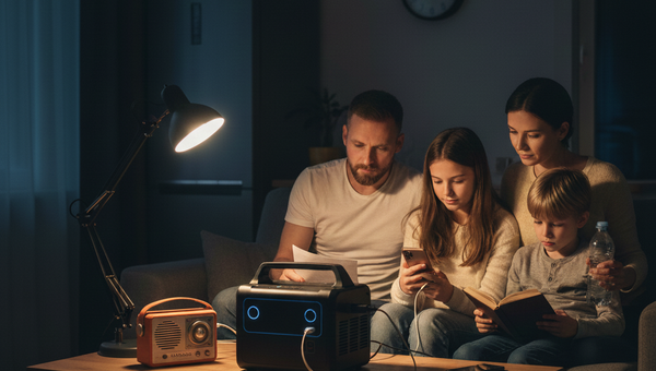 Em uma sala de estar moderna e mal iluminada, uma família está sentada ao redor de uma mesa de centro branca. Apesar da escuridão ao redor, a iluminação de emergência sobre a mesa cria um pequeno mundo brilhante e reconfortante para eles.