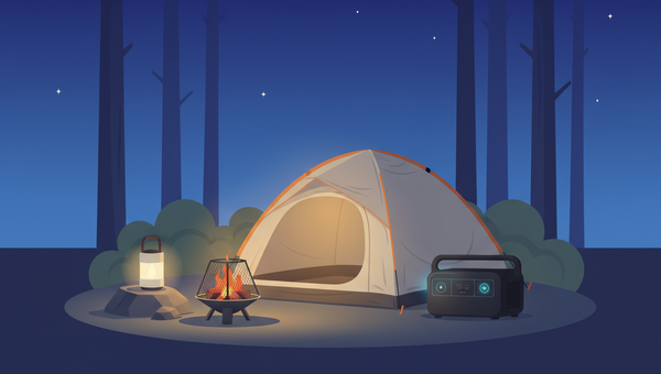 A modern illustration of a cozy short-term camping scene at dusk with a glowing tent, small campfire, and portable power station in a twilight forest, using warm amber and deep blue tones.