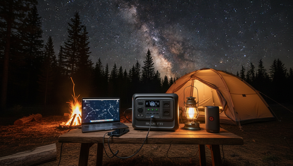 Um cenário profissional de acampamento, com a unidade de armazenamento de energia posicionada no centro do acampamento, conectada a vários dispositivos.