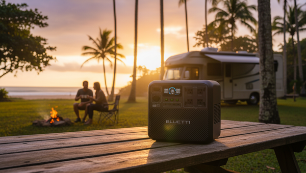 Estação de energia portátil BLUETTI Elite 200 V2 em cenário ao ar livre, com pôr do sol dourado ao fundo, ideal para camping, viagens de motorhome e uso off-grid.