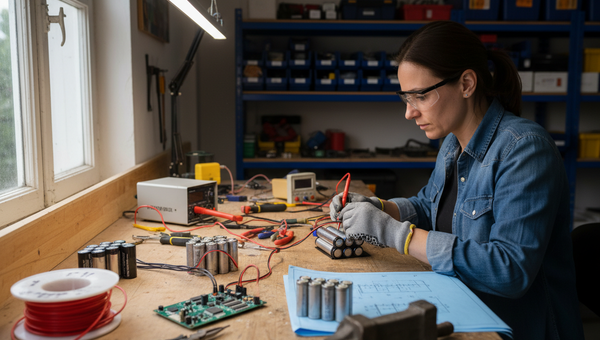 Pessoa em uma bancada de trabalho montando ou testando um conjunto de baterias cilíndricas, usando luvas e óculos de proteção. A mesa está cheia de ferramentas, fios e componentes eletrônicos.