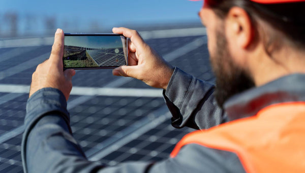 Homem de capacete e roupa de proteção fotografa placas fotovoltaicas