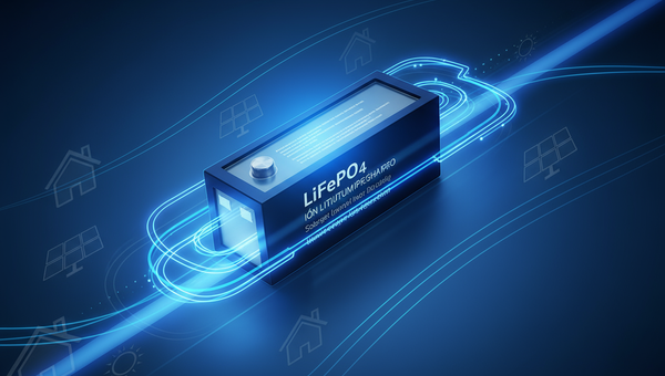 A modern digital illustration of a LiFePO₄ battery glowing blue, with subtle solar panels and energy flow lines symbolizing clean, reliable renewable power.