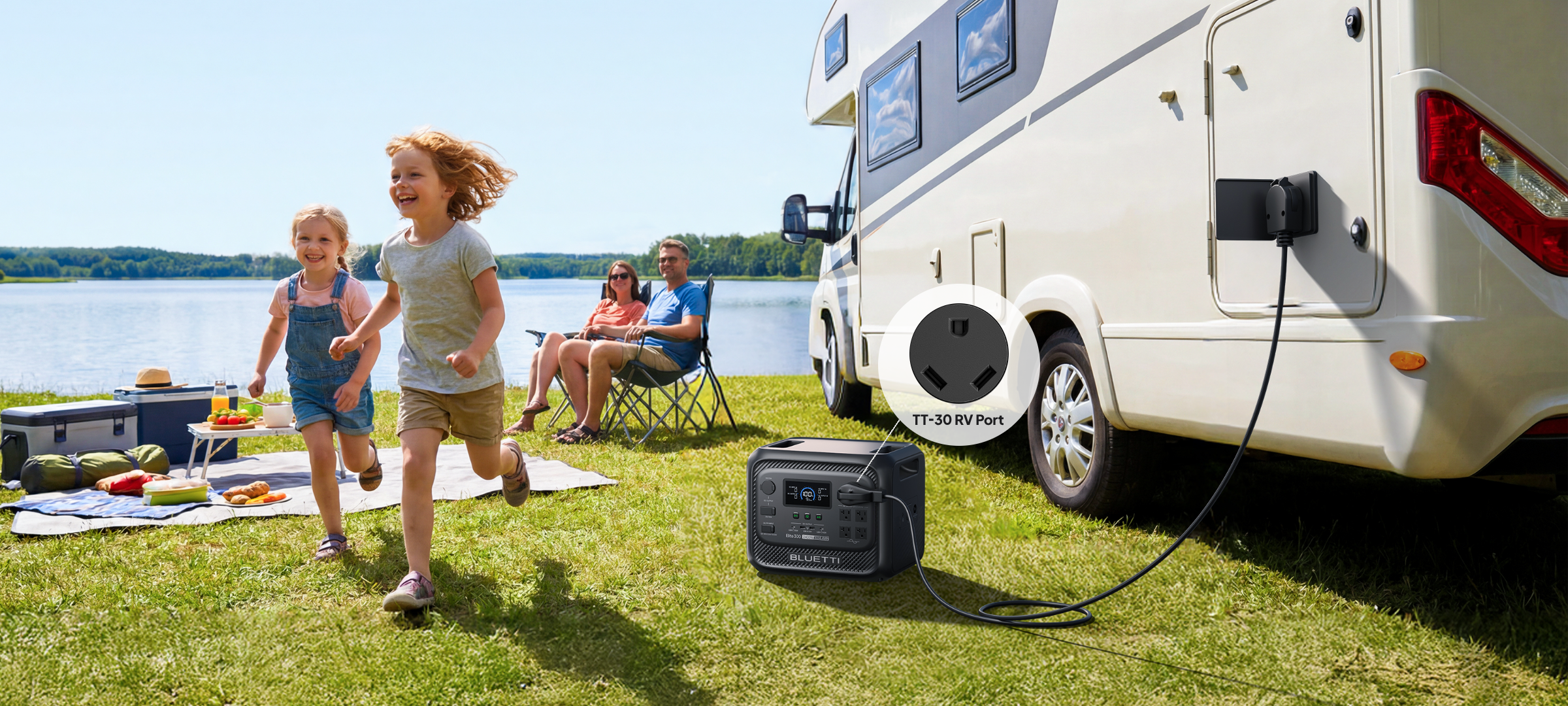 Porta exclusiva 12 V/30 A para viagens de RV